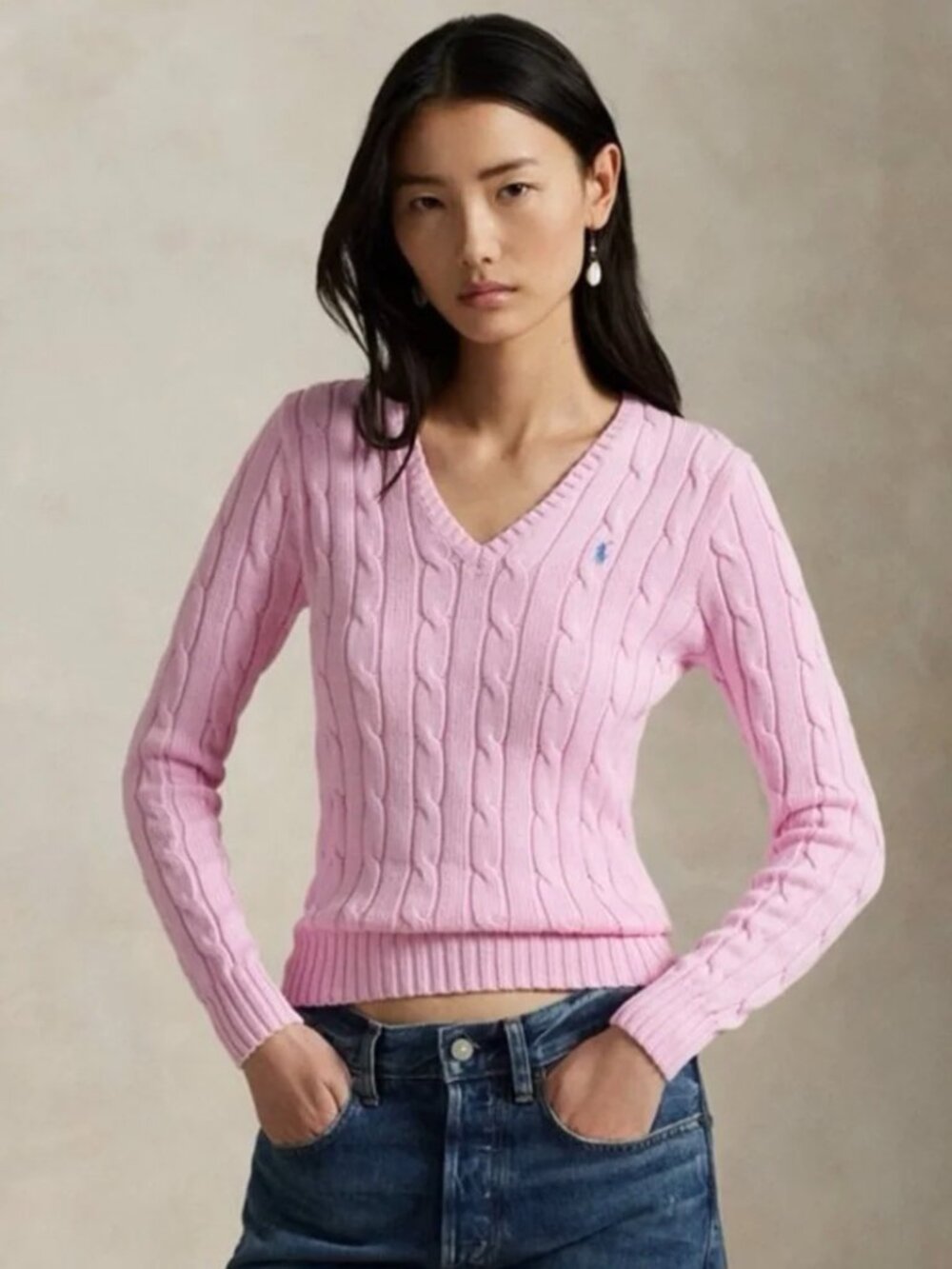 Polo Pink V-Neck Cable Knit Sweater